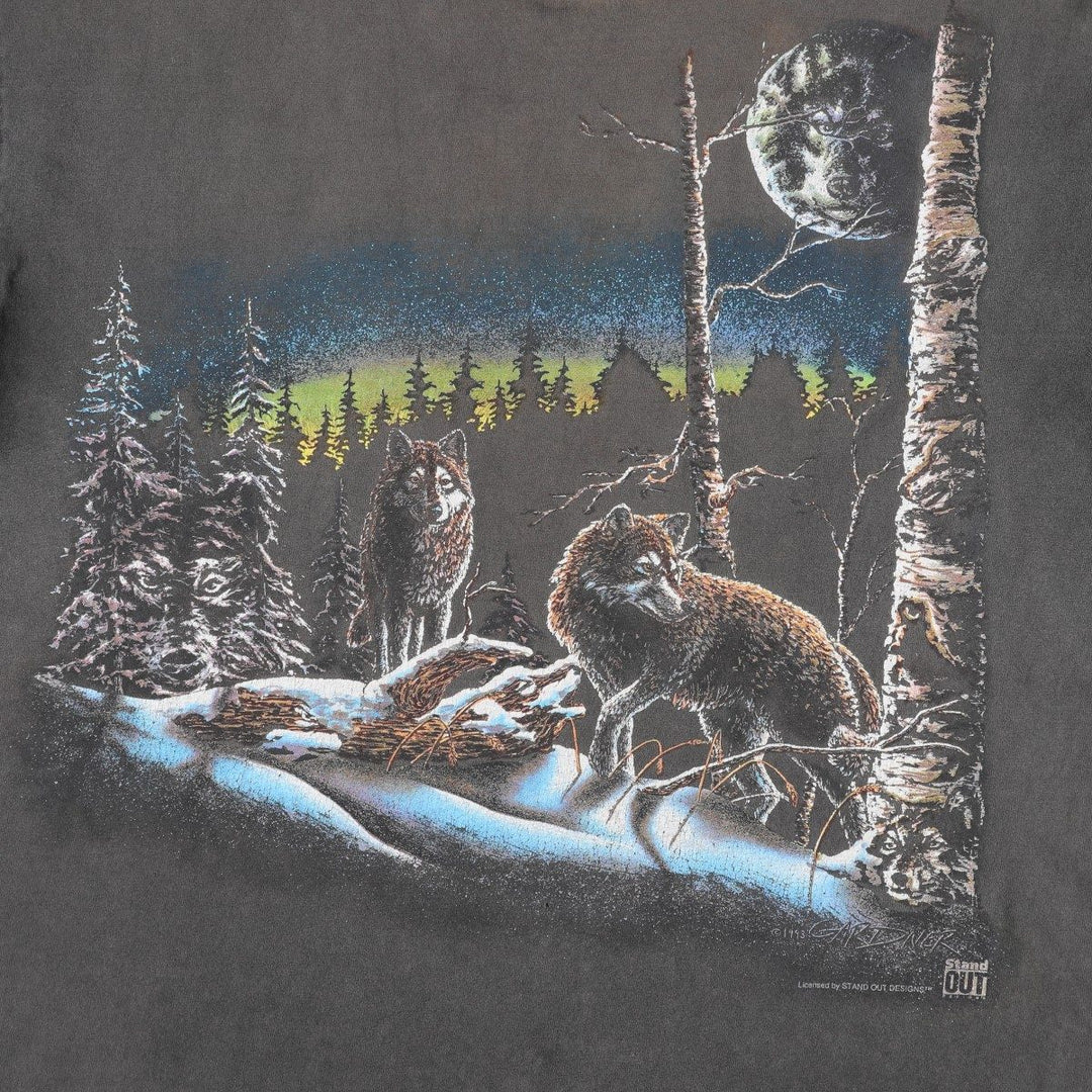 Stand OUT Wolf Pattern Animal T-Shirt, Made in USA, Men's XL equivalent. cotton Charcoal Vintage Second Hand