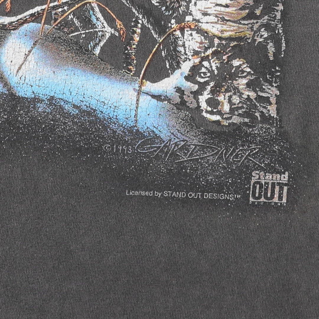 Stand OUT Wolf Pattern Animal T-Shirt, Made in USA, Men's XL equivalent. cotton Charcoal Vintage Second Hand