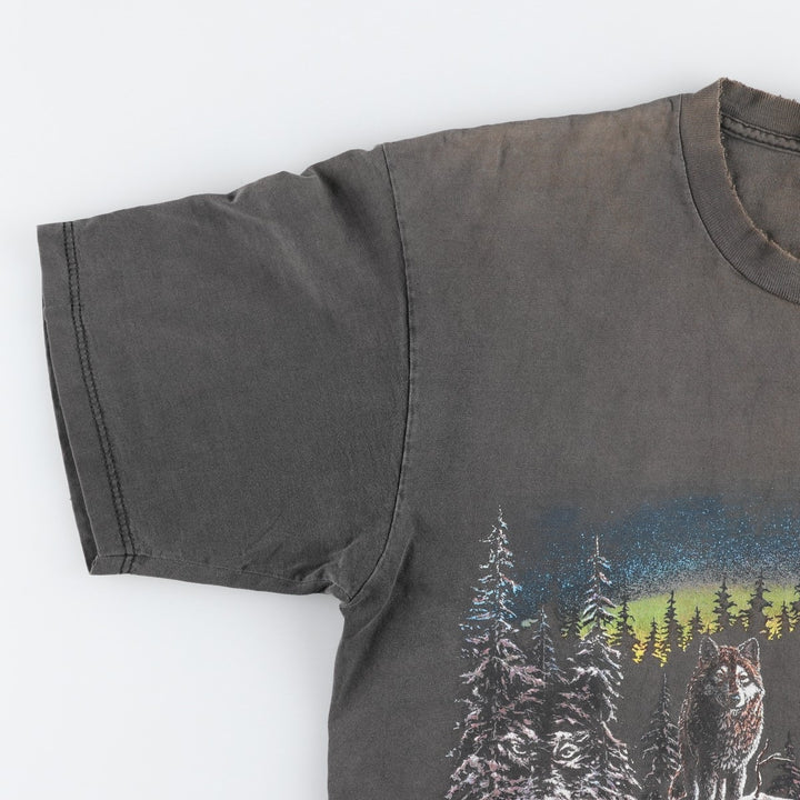 Stand OUT Wolf Pattern Animal T-Shirt, Made in USA, Men's XL equivalent. cotton Charcoal Vintage Second Hand