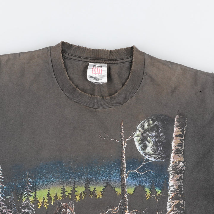 Stand OUT Wolf Pattern Animal T-Shirt, Made in USA, Men's XL equivalent. cotton Charcoal Vintage Second Hand