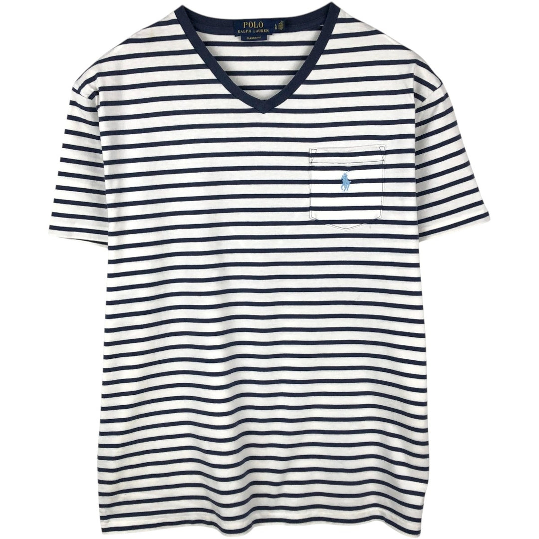 Ralph Lauren POLO RALPH LAUREN CLASSIC FIT V-neck short-sleeve striped T-shirt, men's size L (approx.) cotton white type Vintage Second Hand