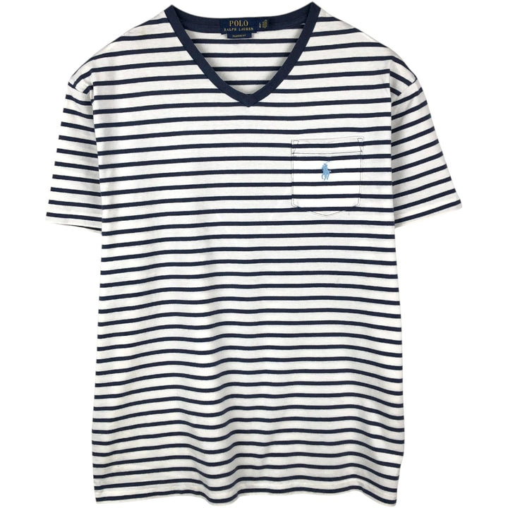 Ralph Lauren POLO RALPH LAUREN CLASSIC FIT V-neck short-sleeve striped T-shirt, men's size L (approx.) cotton white type Vintage Second Hand