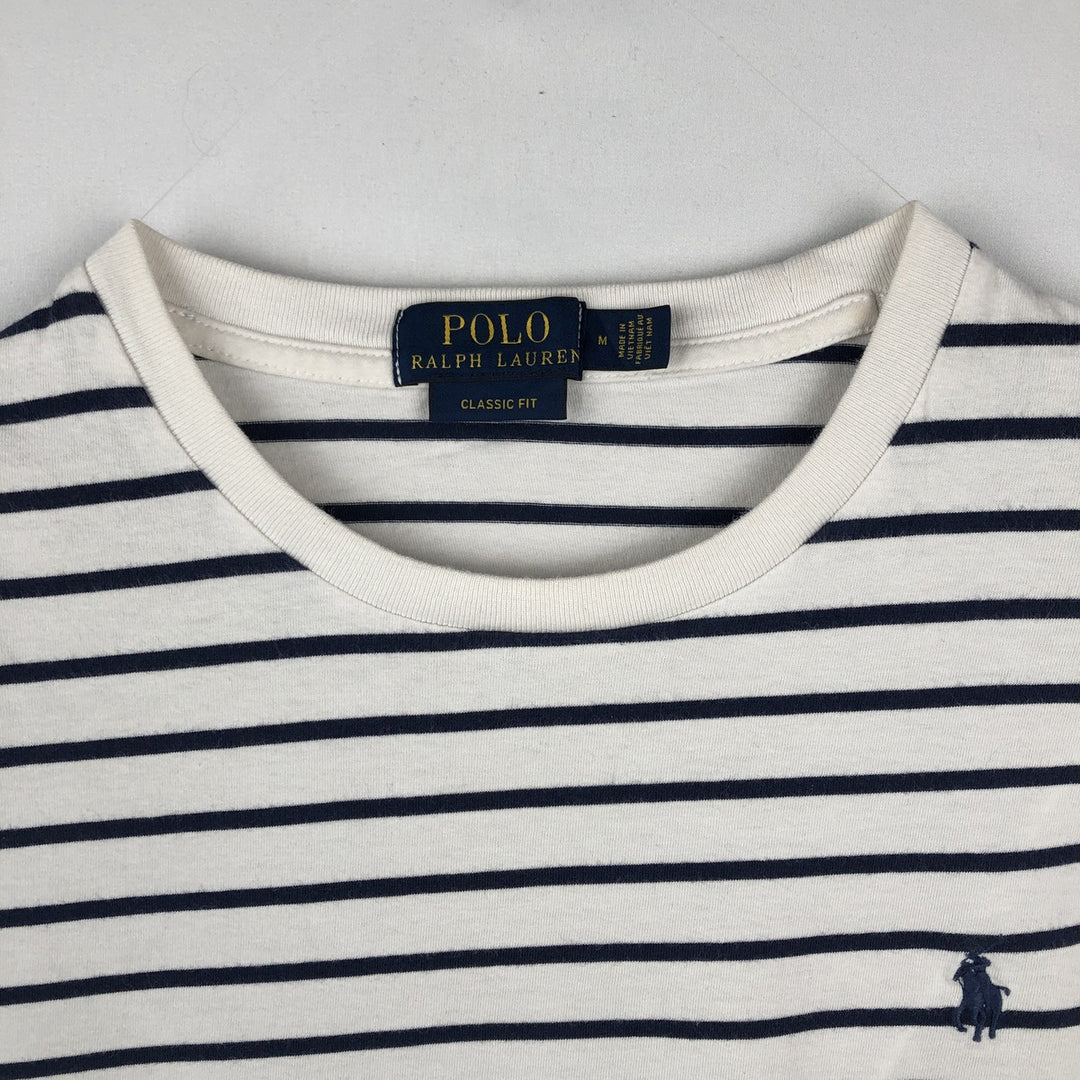 Ralph Lauren POLO RALPH LAUREN CLASSIC FIT short sleeve striped T-shirt, men's size M cotton white type Vintage Second Hand