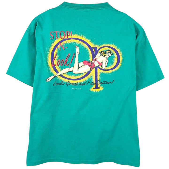 90'S Ocean Pacific pin-up girl surf skate t-shirt, men's size XL equivalent, vintage. unclear turquoise blue Vintage Second Hand
