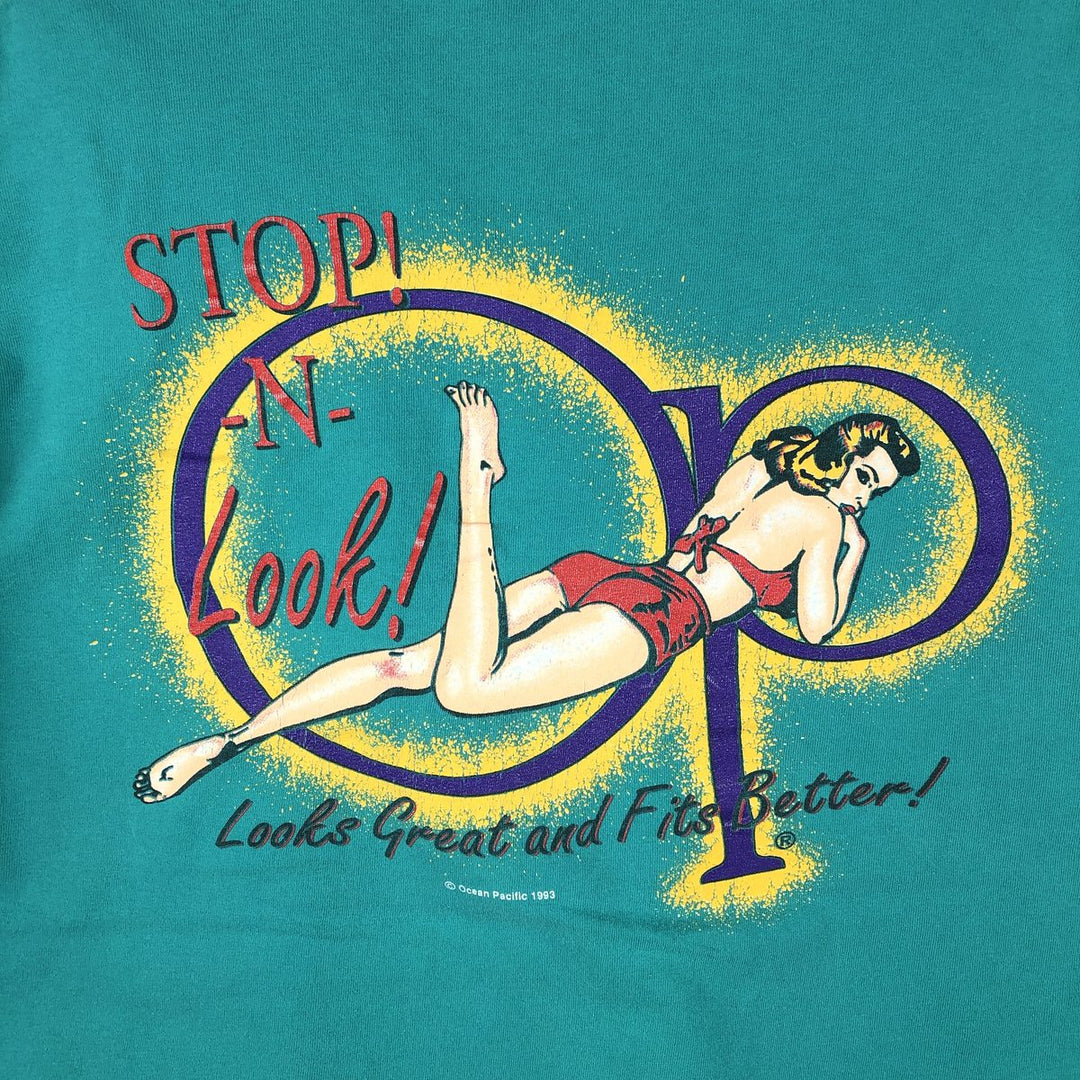 90'S Ocean Pacific pin-up girl surf skate t-shirt, men's size XL equivalent, vintage. unclear turquoise blue Vintage Second Hand