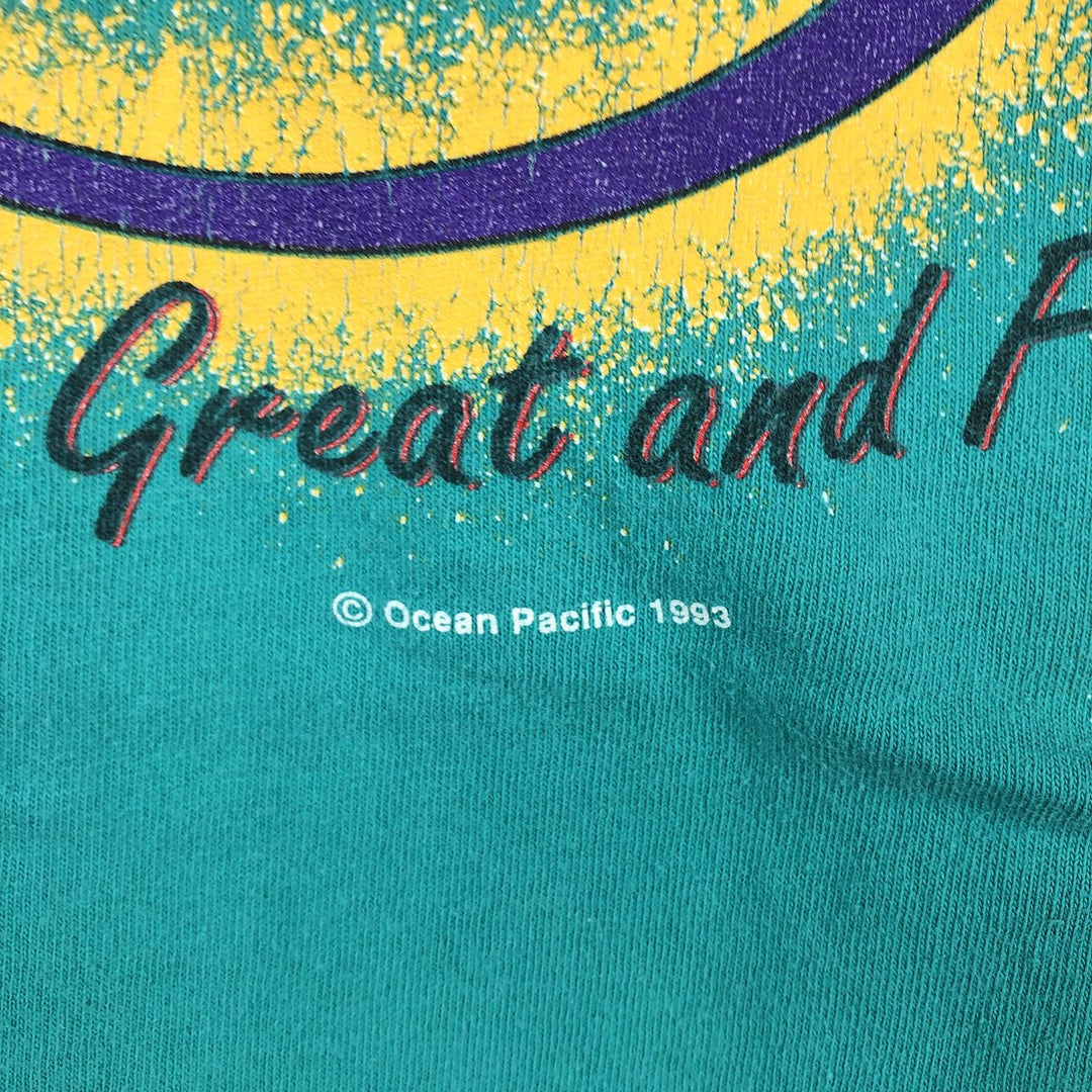 90'S Ocean Pacific pin-up girl surf skate t-shirt, men's size XL equivalent, vintage. unclear turquoise blue Vintage Second Hand