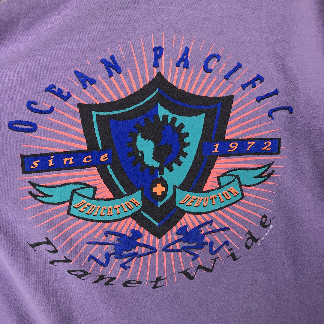 Vintage 90'S Ocean Pacific surf/skateboard t-shirt with silver tag, made in USA, size XL. cotton purple type Vintage Second Hand