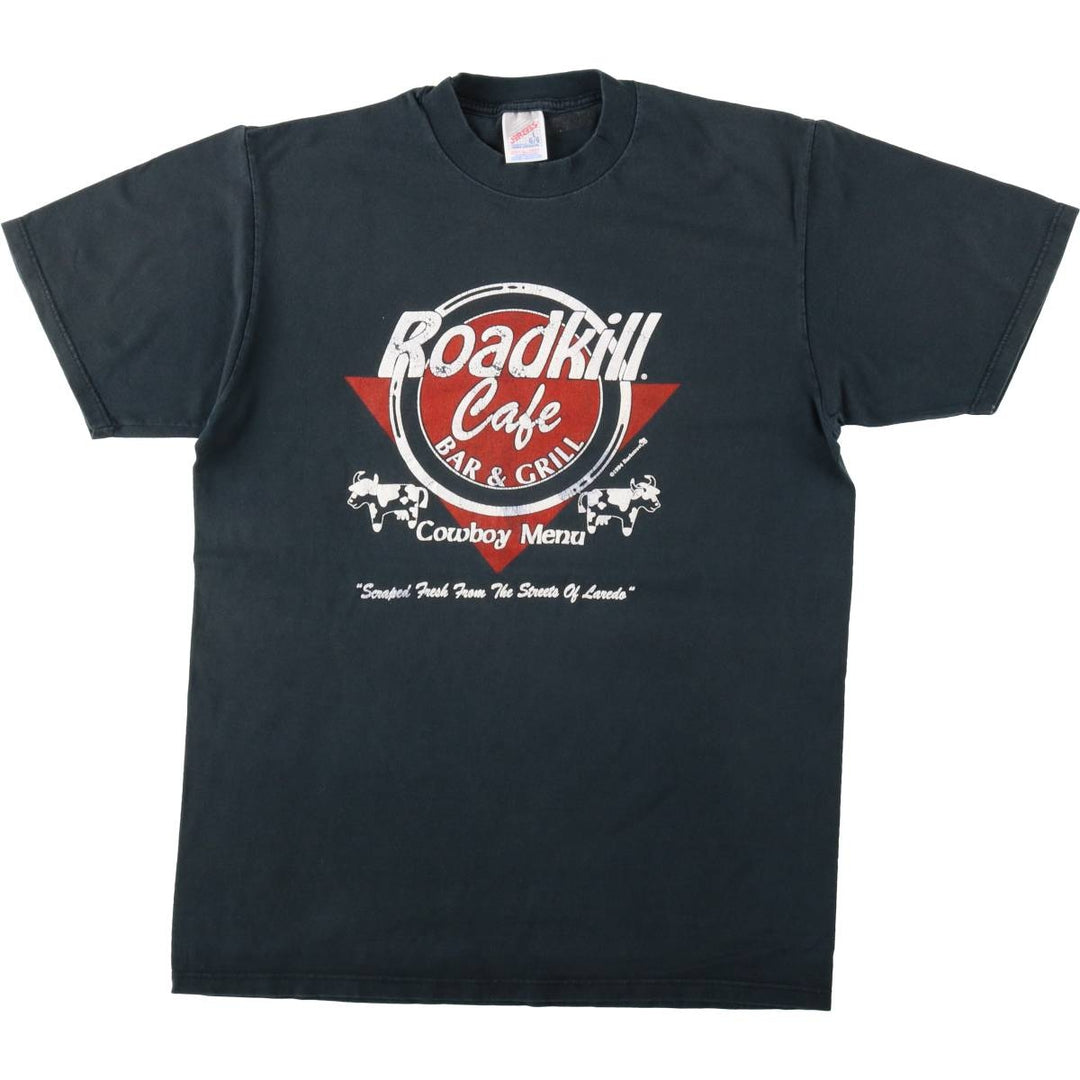 90'S Jerzees ROADKILL CAFE advertising T-shirt, Made in USA, Men's size L (approx.), Vintage cotton black type Vintage Second Hand