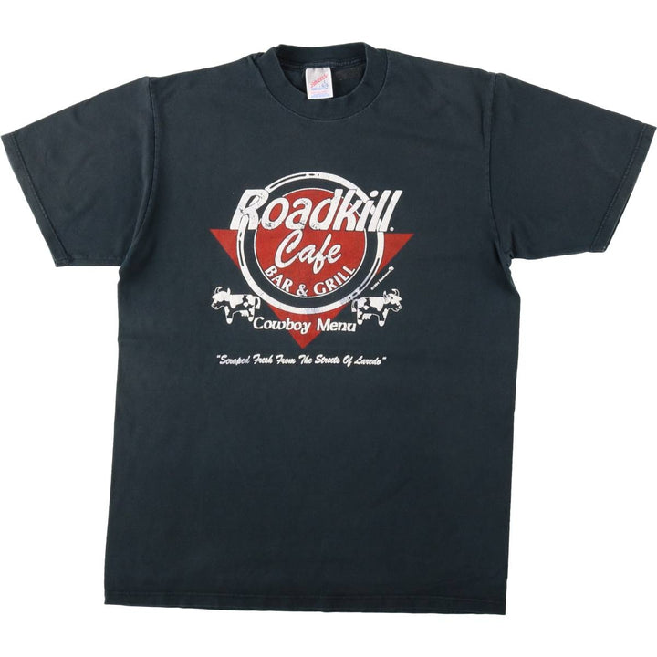 90'S Jerzees ROADKILL CAFE advertising T-shirt, Made in USA, Men's size L (approx.), Vintage cotton black type Vintage Second Hand