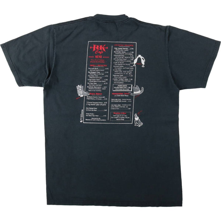 90'S Jerzees ROADKILL CAFE advertising T-shirt, Made in USA, Men's size L (approx.), Vintage cotton black type Vintage Second Hand