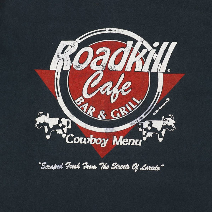 90'S Jerzees ROADKILL CAFE advertising T-shirt, Made in USA, Men's size L (approx.), Vintage cotton black type Vintage Second Hand