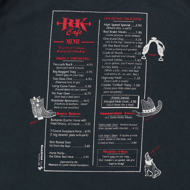 90'S Jerzees ROADKILL CAFE advertising T-shirt, Made in USA, Men's size L (approx.), Vintage cotton black type Vintage Second Hand