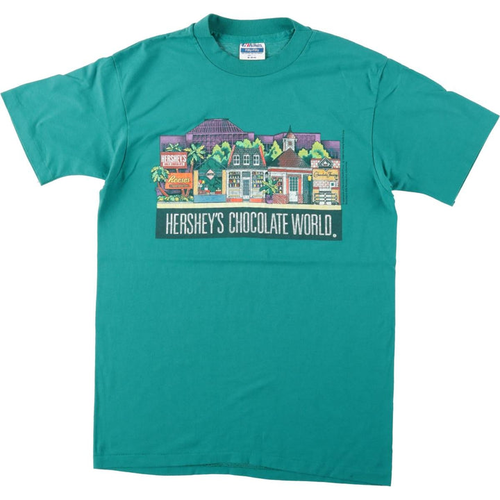 80'S Hanes FIFTY-FIFTY Hershey's Chocolate World Advertising T-Shirt, Made in USA, Men's Size M (approx.), Vintage cotton green type Vintage Second Hand