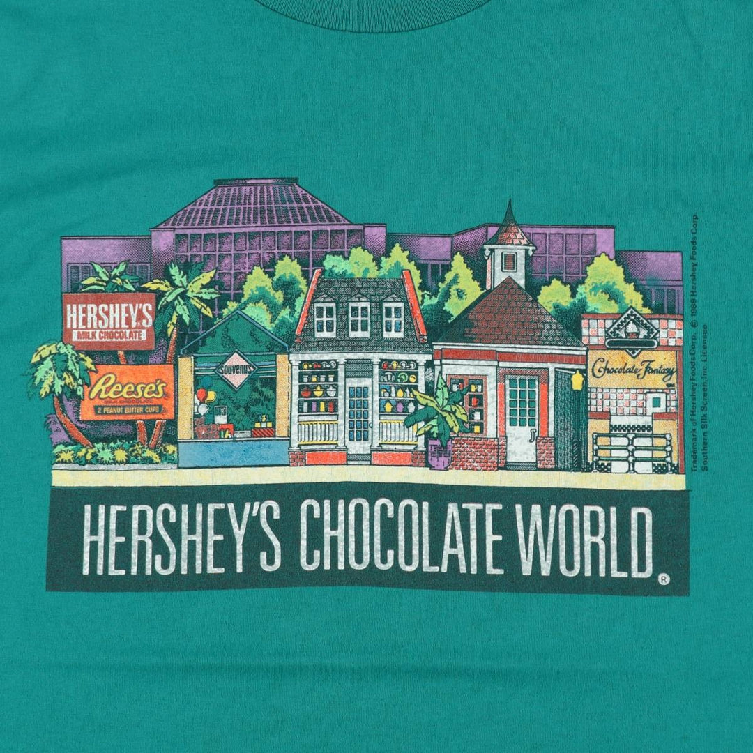 80'S Hanes FIFTY-FIFTY Hershey's Chocolate World Advertising T-Shirt, Made in USA, Men's Size M (approx.), Vintage cotton green type Vintage Second Hand