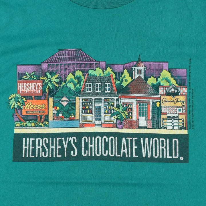 80'S Hanes FIFTY-FIFTY Hershey's Chocolate World Advertising T-Shirt, Made in USA, Men's Size M (approx.), Vintage cotton green type Vintage Second Hand
