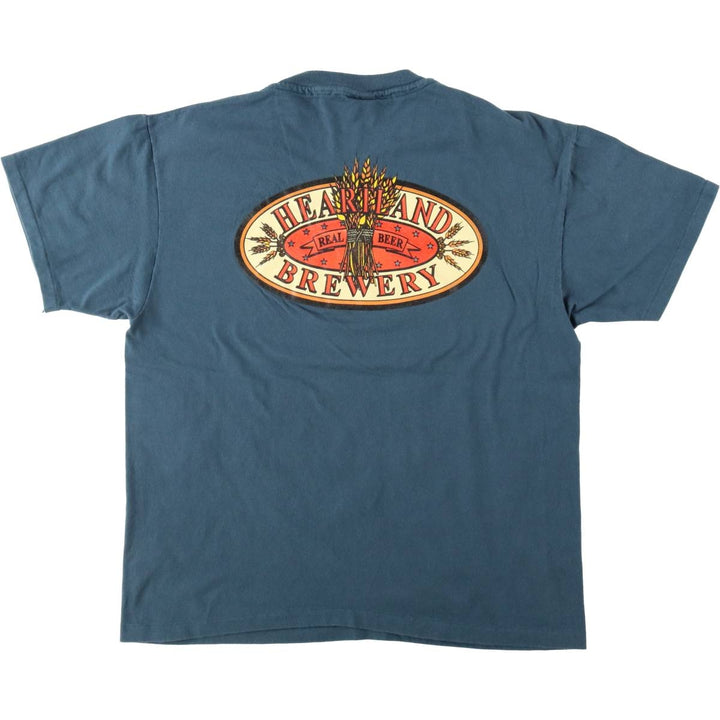 90'S Hanes BEEFY-T Blue Tag Heartland Brewery Advertising T-Shirt, Made in USA, Men's Size L (approx.), Vintage cotton navy blue type Vintage Second Hand
