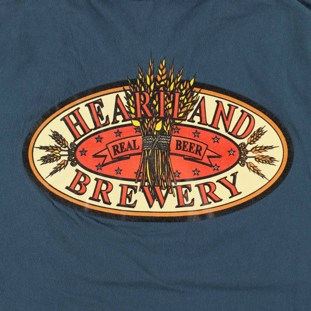 90'S Hanes BEEFY-T Blue Tag Heartland Brewery Advertising T-Shirt, Made in USA, Men's Size L (approx.), Vintage cotton navy blue type Vintage Second Hand