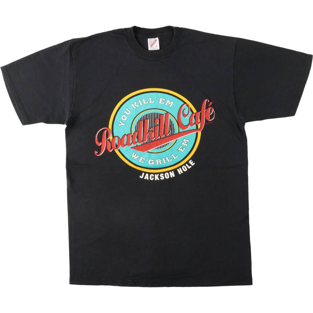 90'S Jerzees ROADKILL CAFE advertising T-shirt, Made in USA, Men's size L (approx.), Vintage cotton black type Vintage Second Hand