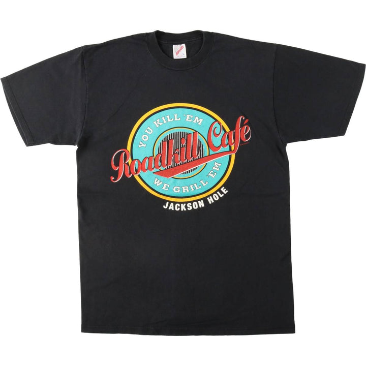 90'S Jerzees ROADKILL CAFE advertising T-shirt, Made in USA, Men's size L (approx.), Vintage cotton black type Vintage Second Hand