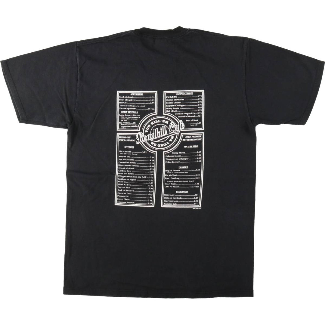 90'S Jerzees ROADKILL CAFE advertising T-shirt, Made in USA, Men's size L (approx.), Vintage cotton black type Vintage Second Hand