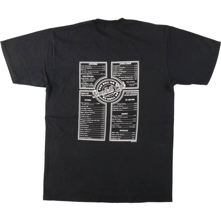90'S Jerzees ROADKILL CAFE advertising T-shirt, Made in USA, Men's size L (approx.), Vintage cotton black type Vintage Second Hand