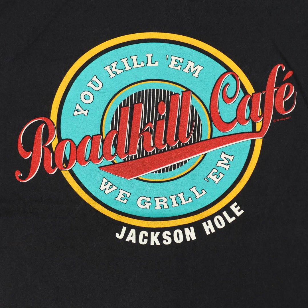 90'S Jerzees ROADKILL CAFE advertising T-shirt, Made in USA, Men's size L (approx.), Vintage cotton black type Vintage Second Hand
