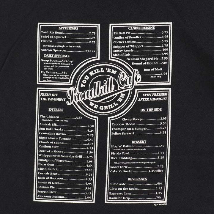 90'S Jerzees ROADKILL CAFE advertising T-shirt, Made in USA, Men's size L (approx.), Vintage cotton black type Vintage Second Hand