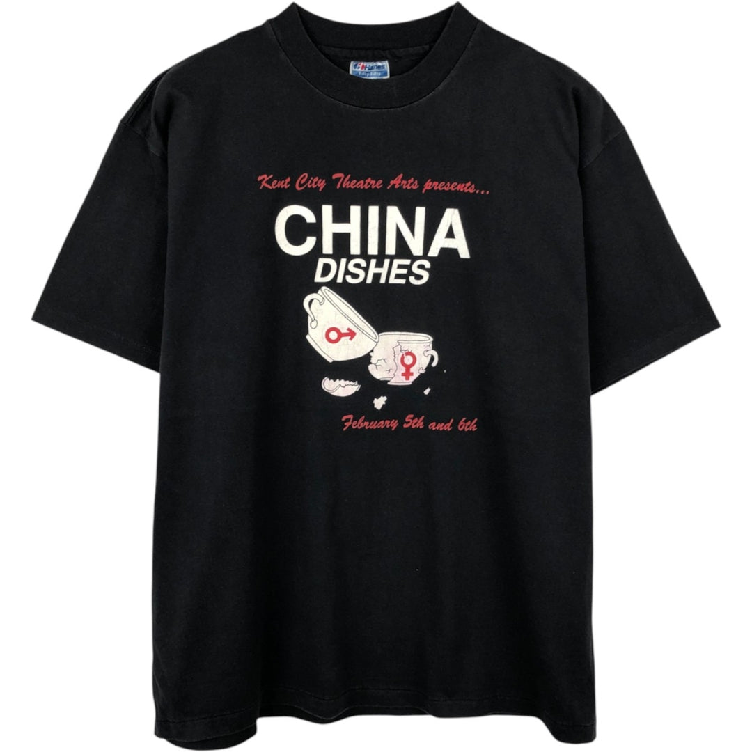 80'S Hanes Fifty-Fifty Blue Tag CHINA DISHES Theater Message Print T-Shirt Made in USA Men's XL Equivalent Vintage cotton black type Vintage Second Hand