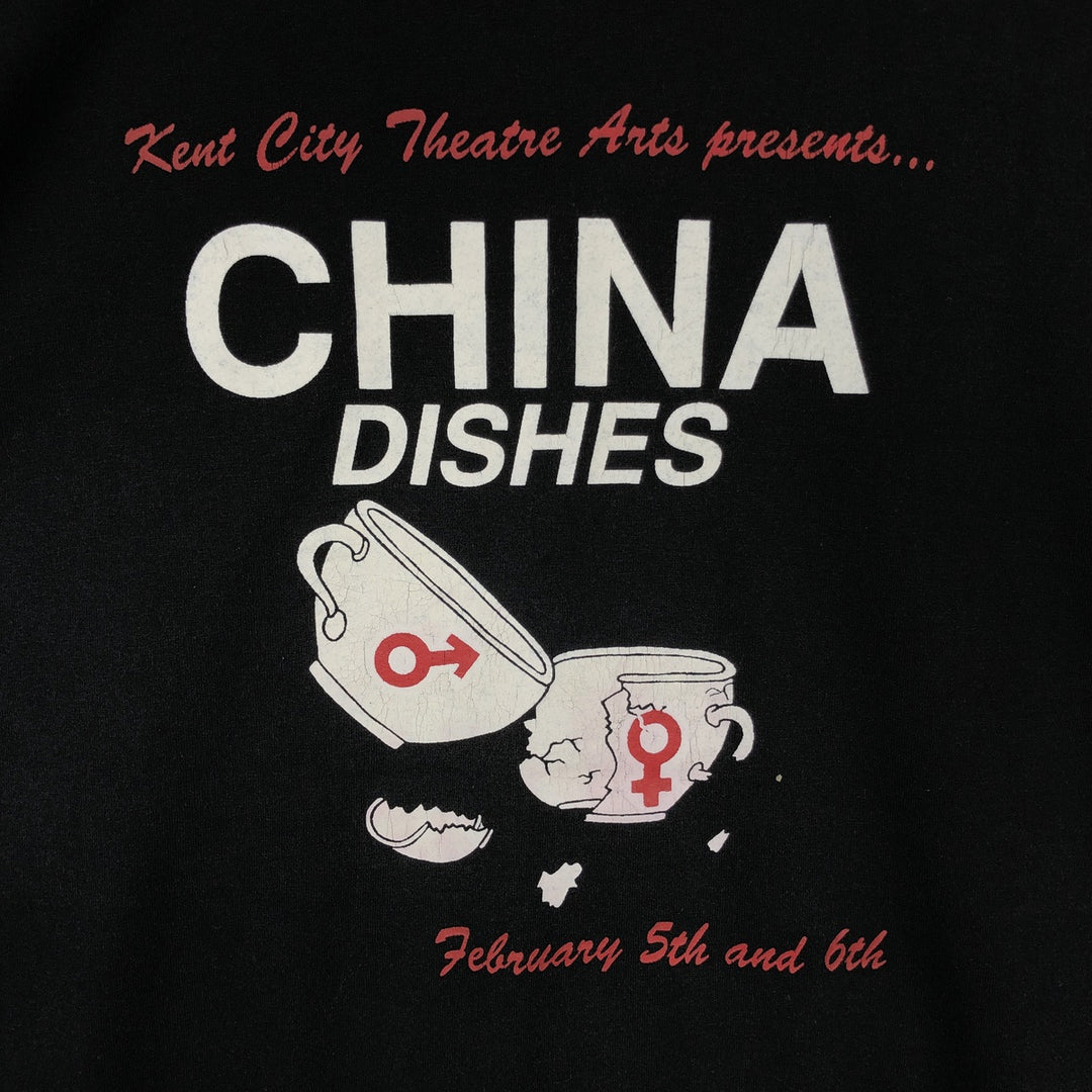 80'S Hanes Fifty-Fifty Blue Tag CHINA DISHES Theater Message Print T-Shirt Made in USA Men's XL Equivalent Vintage cotton black type Vintage Second Hand