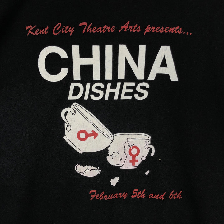 80'S Hanes Fifty-Fifty Blue Tag CHINA DISHES Theater Message Print T-Shirt Made in USA Men's XL Equivalent Vintage cotton black type Vintage Second Hand