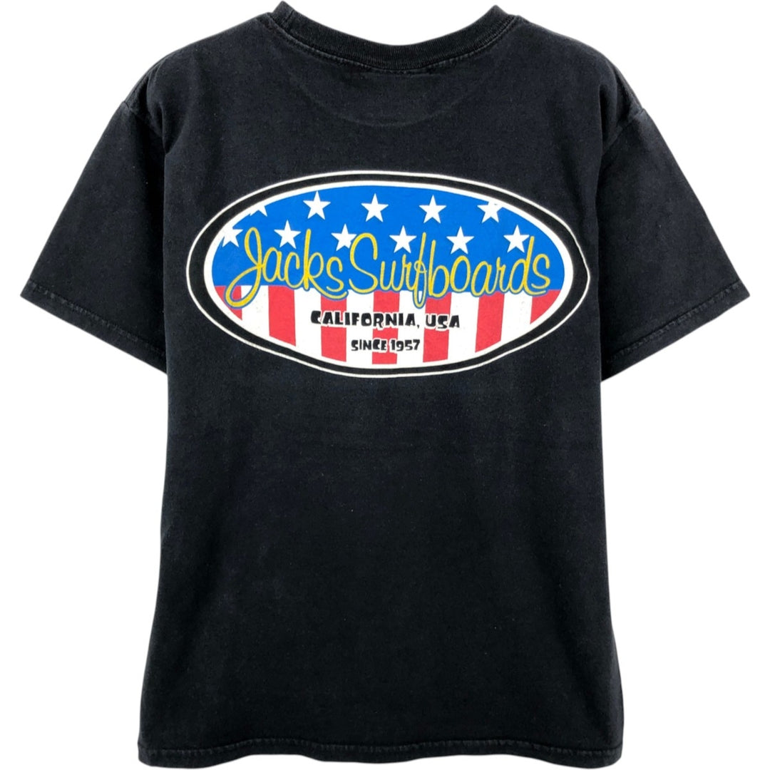90s-00'S JACKS SURFBOARDS printed American flag advertising T-shirt, Made in USA, Men's size S (approx.) cotton black type Vintage Second Hand