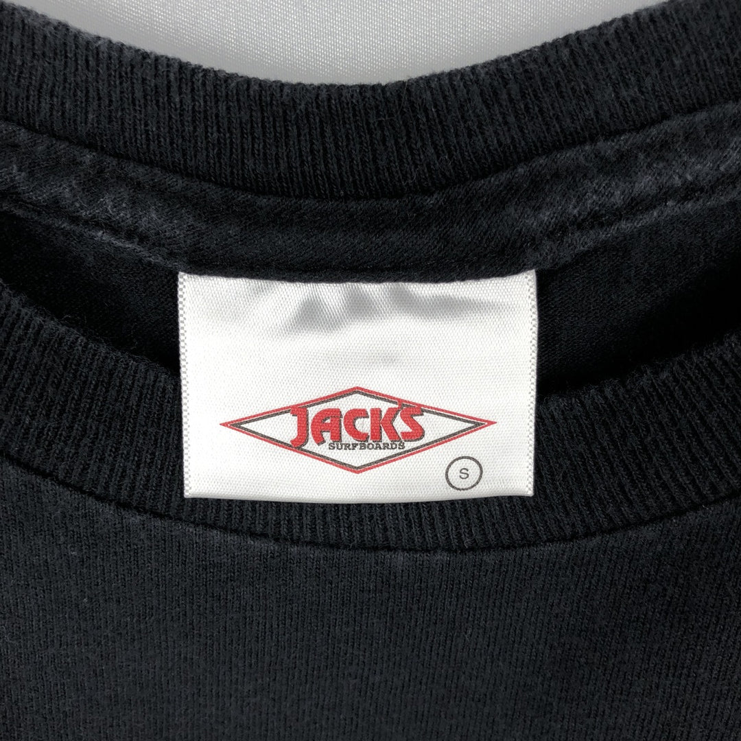 90s-00'S JACKS SURFBOARDS printed American flag advertising T-shirt, Made in USA, Men's size S (approx.) cotton black type Vintage Second Hand