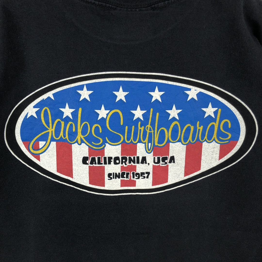 90s-00'S JACKS SURFBOARDS printed American flag advertising T-shirt, Made in USA, Men's size S (approx.) cotton black type Vintage Second Hand