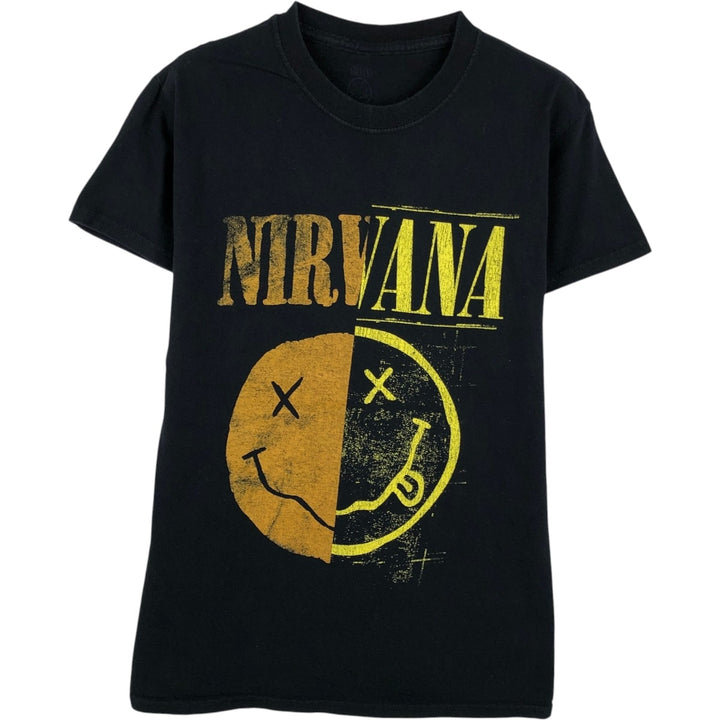 NIRVANA Print Band T-Shirt (Clear Size S, equivalent to Men's S) Crew Neck Short Sleeve Rock unclear black type Vintage Second Hand