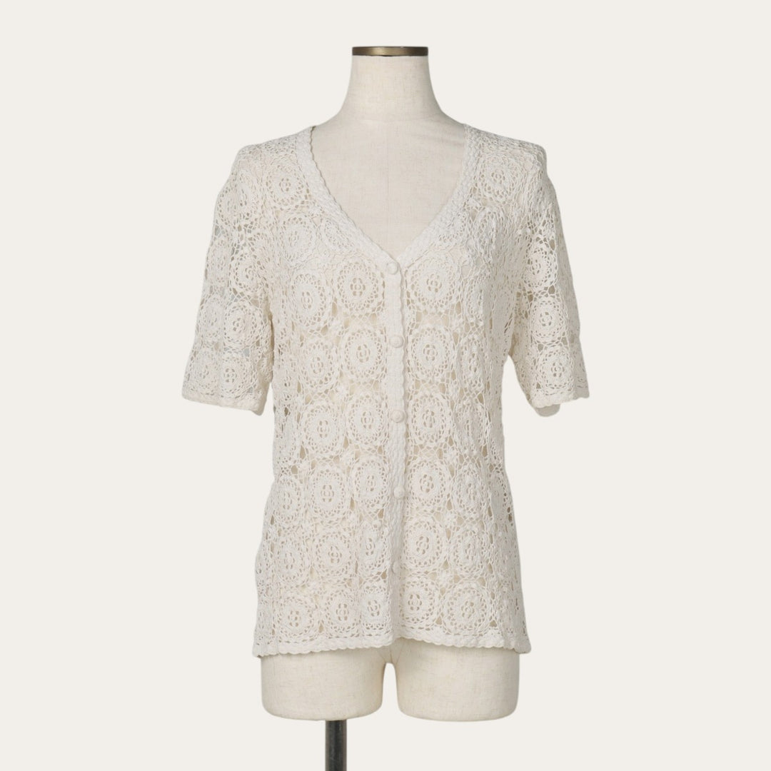 Hand-crocheted short-sleeved crochet knit cardigan, women's size L equivalent, vintage. cotton ivory Vintage Second Hand