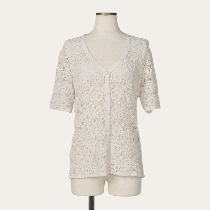 Hand-crocheted short-sleeved crochet knit cardigan, women's size L equivalent, vintage. cotton ivory Vintage Second Hand