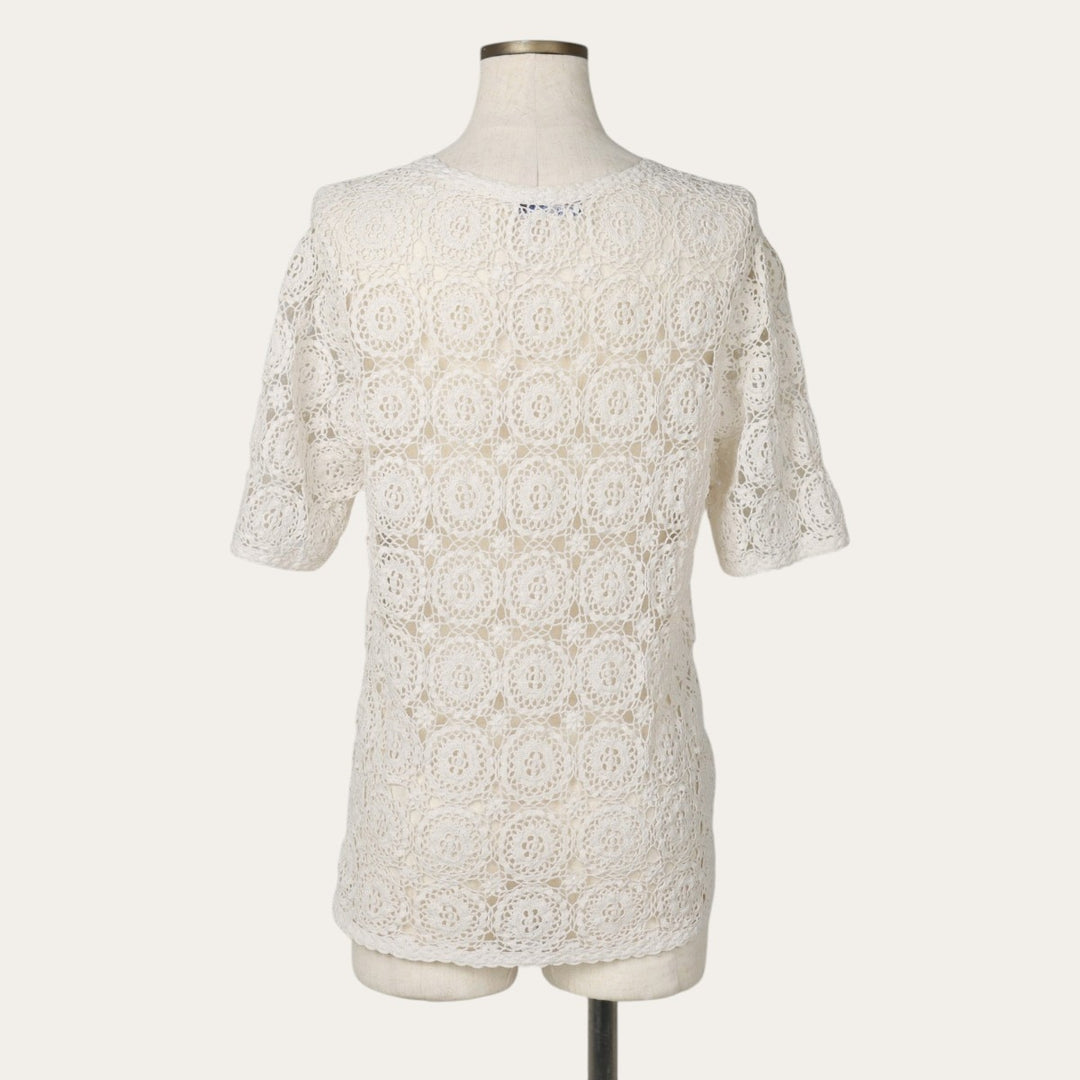 Hand-crocheted short-sleeved crochet knit cardigan, women's size L equivalent, vintage. cotton ivory Vintage Second Hand