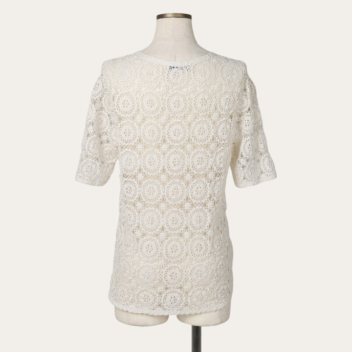 Hand-crocheted short-sleeved crochet knit cardigan, women's size L equivalent, vintage. cotton ivory Vintage Second Hand