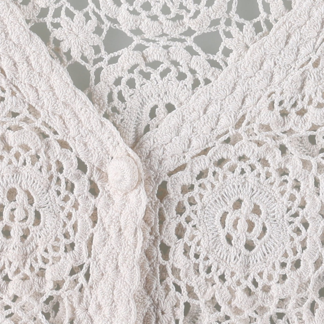 Hand-crocheted short-sleeved crochet knit cardigan, women's size L equivalent, vintage. cotton ivory Vintage Second Hand
