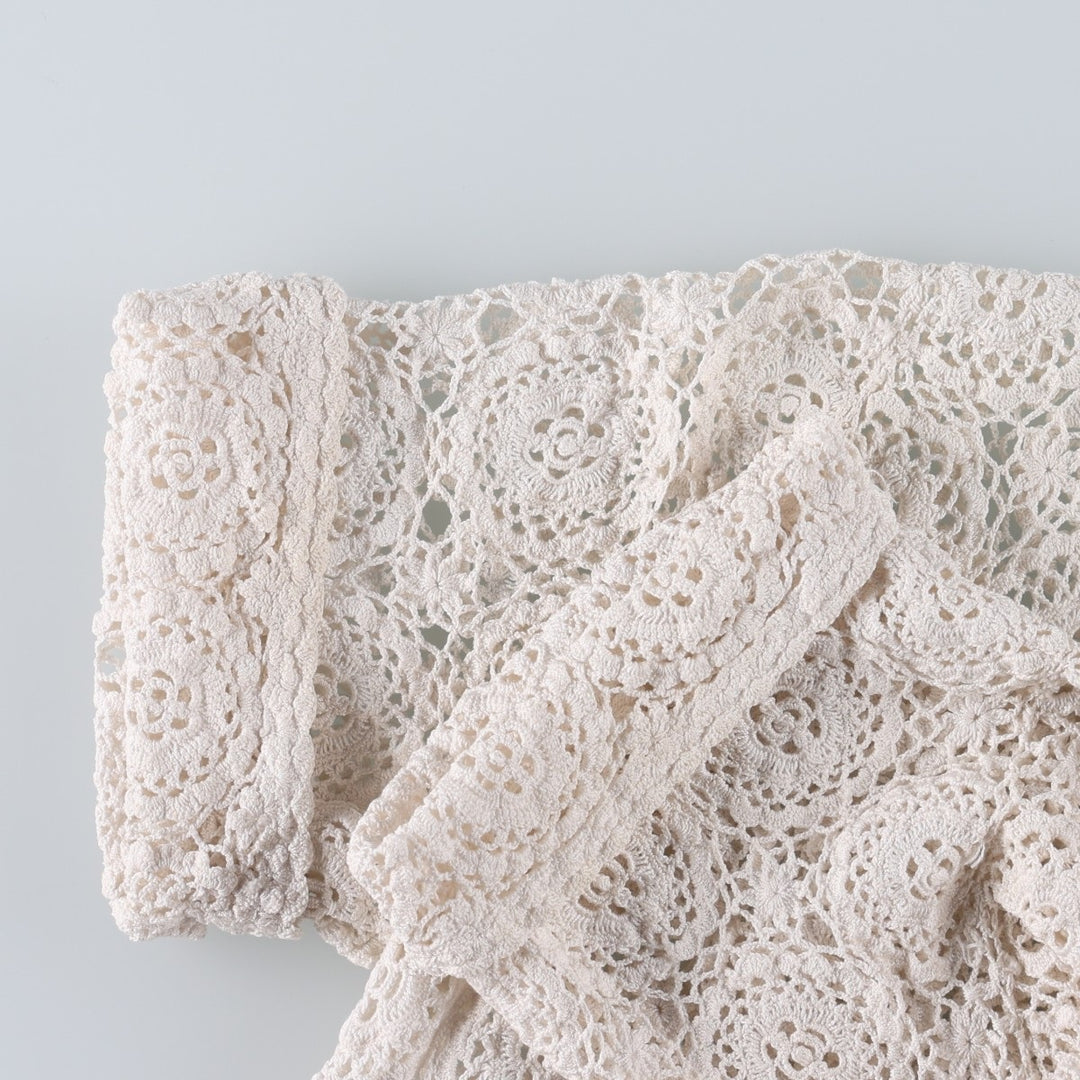 Hand-crocheted short-sleeved crochet knit cardigan, women's size L equivalent, vintage. cotton ivory Vintage Second Hand
