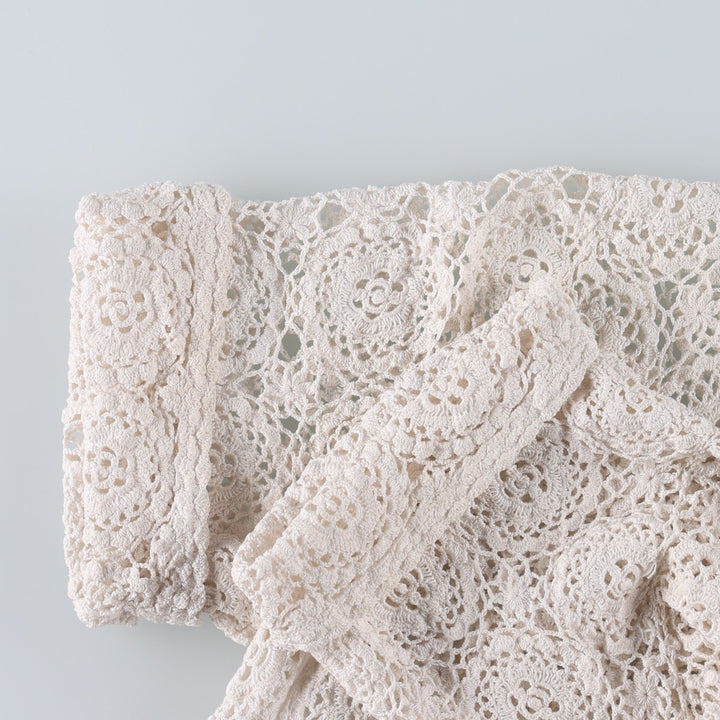 Hand-crocheted short-sleeved crochet knit cardigan, women's size L equivalent, vintage. cotton ivory Vintage Second Hand