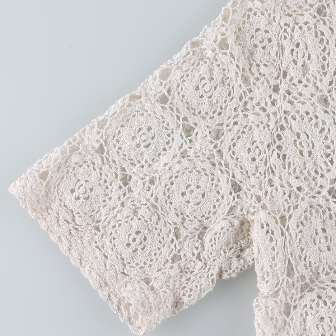 Hand-crocheted short-sleeved crochet knit cardigan, women's size L equivalent, vintage. cotton ivory Vintage Second Hand