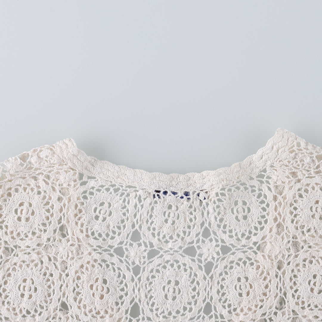Hand-crocheted short-sleeved crochet knit cardigan, women's size L equivalent, vintage. cotton ivory Vintage Second Hand