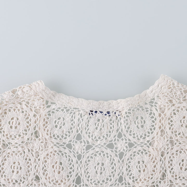 Hand-crocheted short-sleeved crochet knit cardigan, women's size L equivalent, vintage. cotton ivory Vintage Second Hand