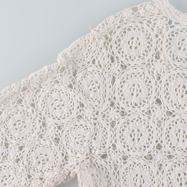 Hand-crocheted short-sleeved crochet knit cardigan, women's size L equivalent, vintage. cotton ivory Vintage Second Hand