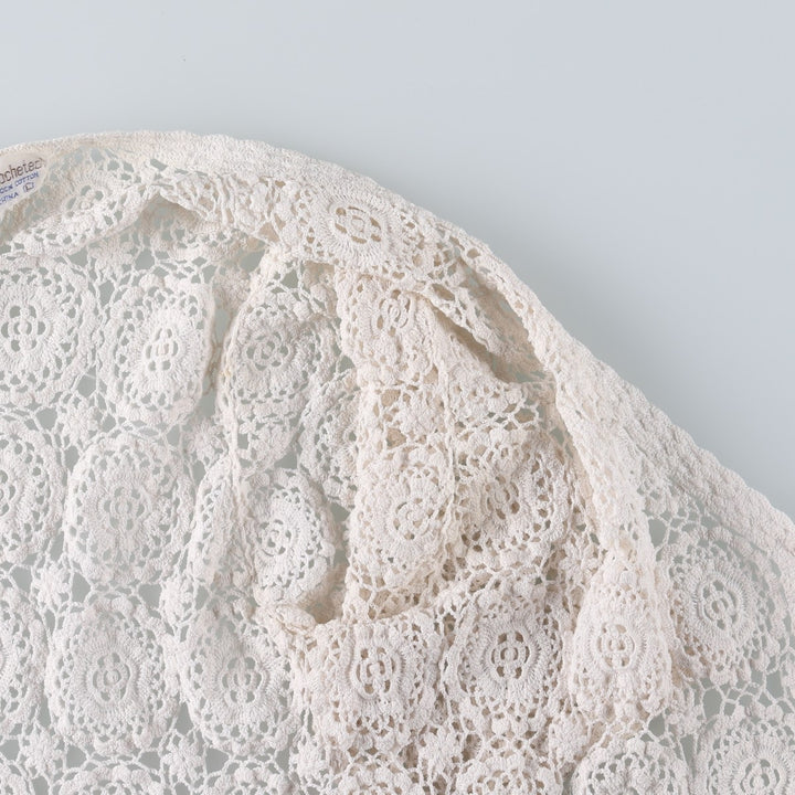 Hand-crocheted short-sleeved crochet knit cardigan, women's size L equivalent, vintage. cotton ivory Vintage Second Hand