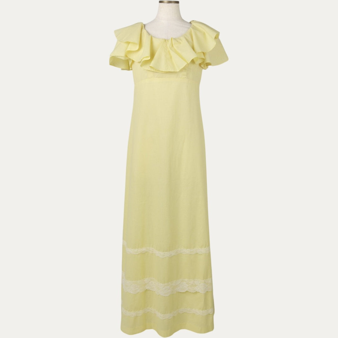 Polka Dot Pattern Short-Sleeved Frill Maxi Flare Dress (Women's Size XL) unclear yellow type Vintage Second Hand