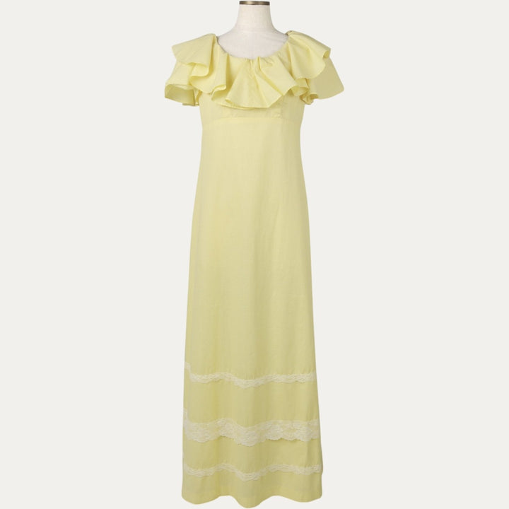 Polka Dot Pattern Short-Sleeved Frill Maxi Flare Dress (Women's Size XL) unclear yellow type Vintage Second Hand