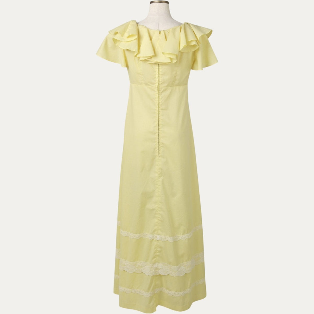 Polka Dot Pattern Short-Sleeved Frill Maxi Flare Dress (Women's Size XL) unclear yellow type Vintage Second Hand