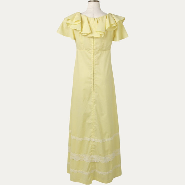 Polka Dot Pattern Short-Sleeved Frill Maxi Flare Dress (Women's Size XL) unclear yellow type Vintage Second Hand
